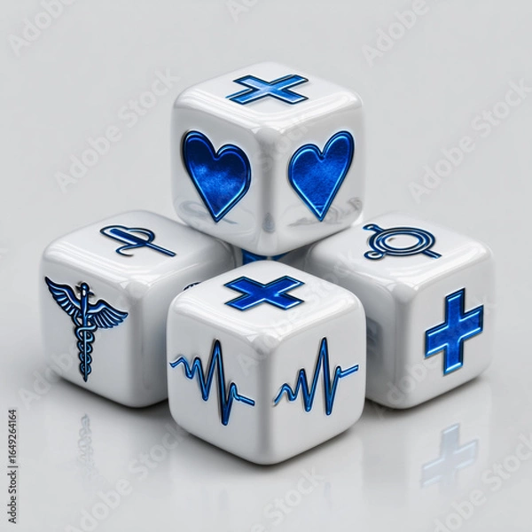 Fototapeta White dice with blue medical icons representing health symbols and care

