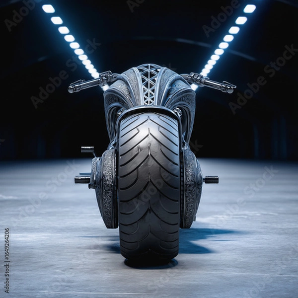 Fototapeta Futuristic motorcycle front view in tunnel with dramatic symmetrical lights
