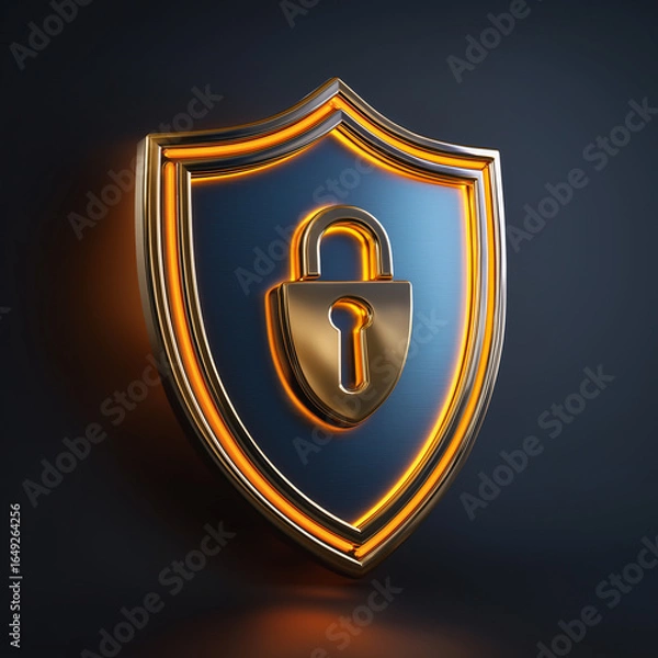Fototapeta 3D shield with padlock and glowing edge representing cybersecurity concept

