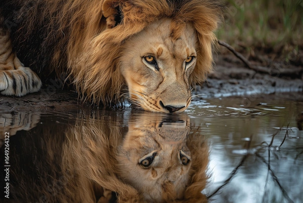 Fototapeta Majestic lion drinking at dusk with intense gaze mirrored in still water
