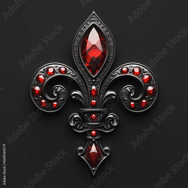 Fototapeta Luxurious ornamental fleur-de-lis with red gems on dark elegant background
