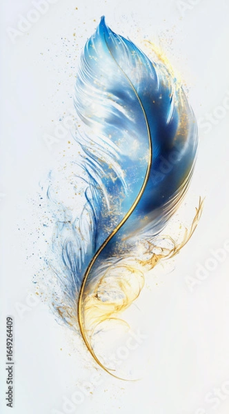 Fototapeta Elegant blue and gold feather in motion surrounded by soft glittery particles
