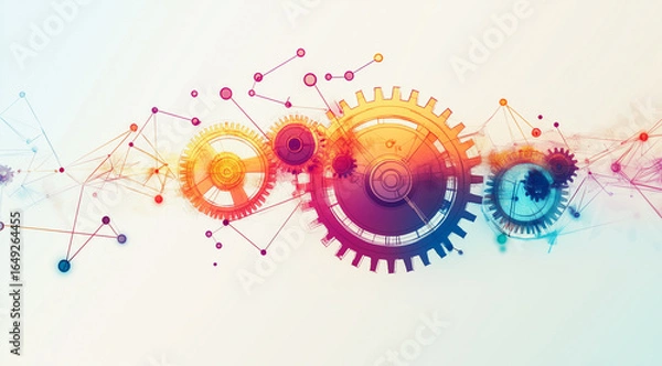 Fototapeta Bright gradient gears and nodes in vibrant abstract technology composition
