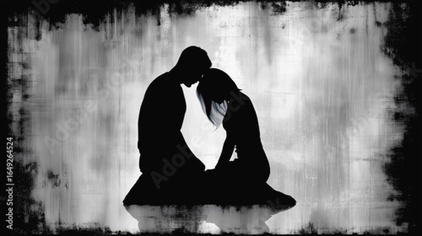 Fototapeta Romantic silhouette of a couple in intimate pose against textured grey wall
