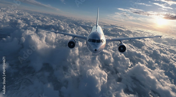Fototapeta Airplane soaring above clouds during sunrise with dramatic light and sky
