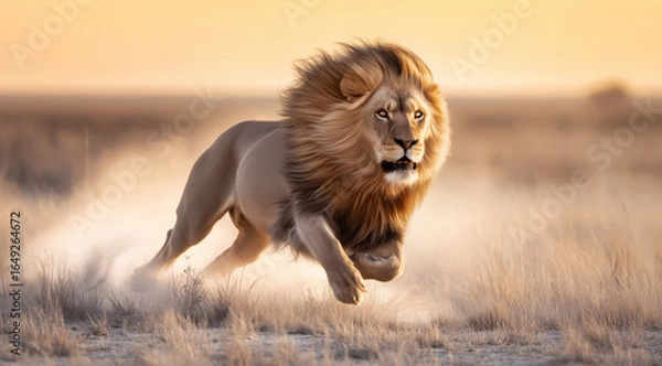 Fototapeta Majestic lion running through dry savanna at golden hour in powerful motion
