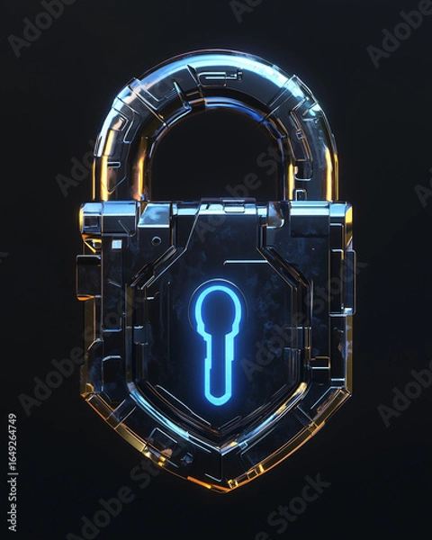 Fototapeta Futuristic metal padlock with glowing blue core on dark sci-fi background
