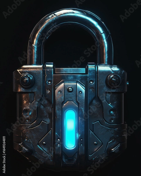 Fototapeta Futuristic metal padlock with glowing blue core on dark sci-fi background
