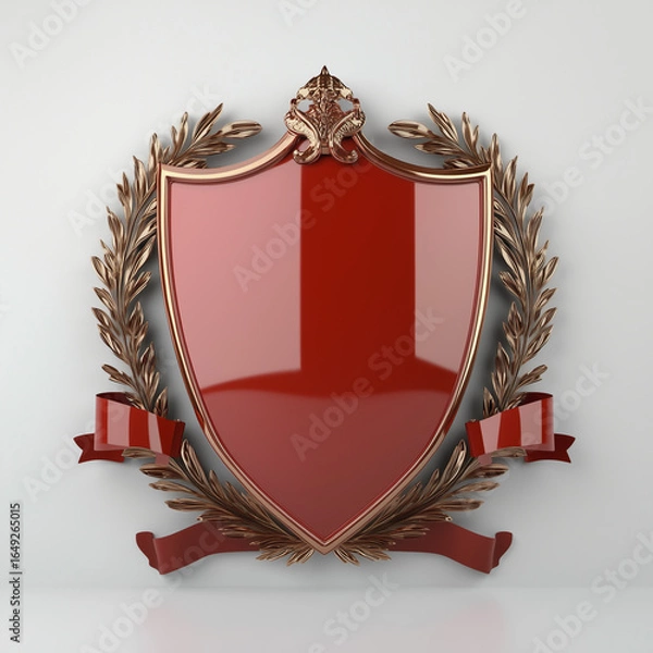 Fototapeta Red glossy shield with bronze laurel wreath and ribbon in heraldic design
