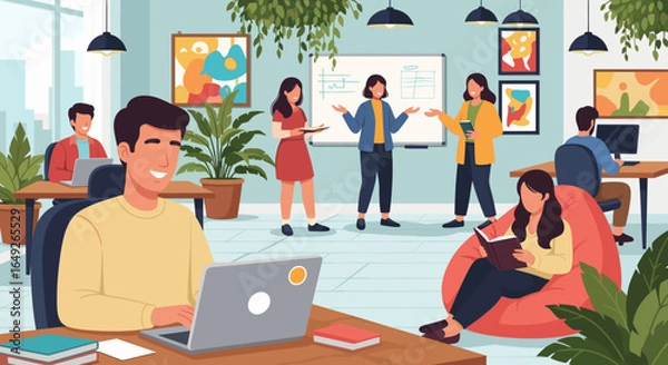 Fototapeta A vibrant modern office environment showcases diverse professionals engaged in collaborative work and individual tasks, fostering a productive and innovative atmosphere.