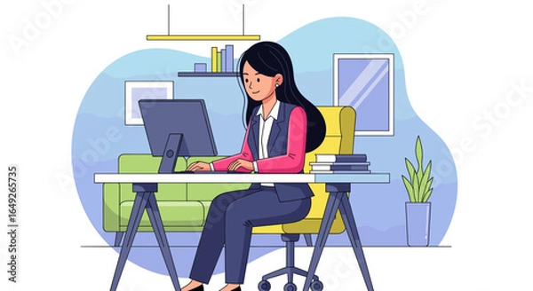 Fototapeta A professional woman diligently works on her computer in a comfortable, modern home office, embodying productivity and a balanced work-life environment.