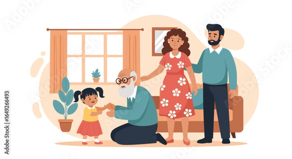 Fototapeta A heartwarming illustration captures a multi-generational family sharing a tender moment together in their cozy home, symbolizing love and connection.