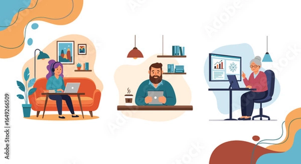 Fototapeta Diverse individuals across generations are productively engaged in remote work, online learning, and digital tasks, illustrating modern flexible lifestyles.