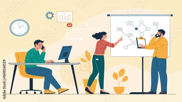 Fototapeta A dynamic team of professionals collaborates on a strategic business plan, utilizing technology and effective communication in a modern office environment.
