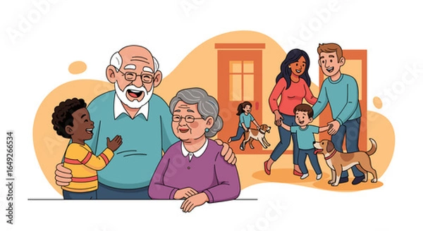 Fototapeta A heartwarming illustration showcasing a diverse multi-generational family enjoying a happy reunion at home, emphasizing love and connection across ages.