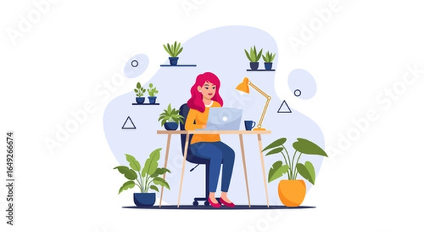Fototapeta This colorful vector illustration showcases a productive individual engaged in remote work, surrounded by lush indoor plants and a comfortable setup.
