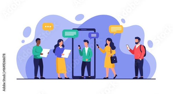 Fototapeta A diverse group of individuals actively engages with their smartphones, symbolizing modern digital communication, social networking, and online community interactions.