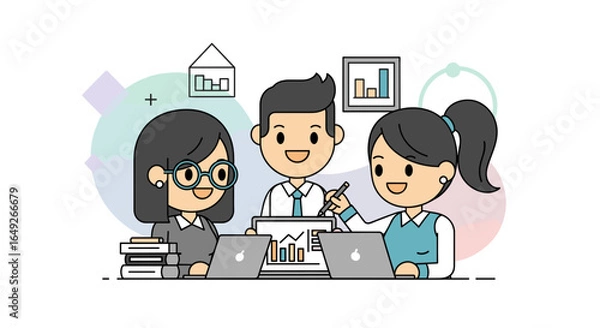 Fototapeta Three diverse business professionals collaborate effectively around laptops, analyzing data and discussing financial growth in a modern, productive office environment.