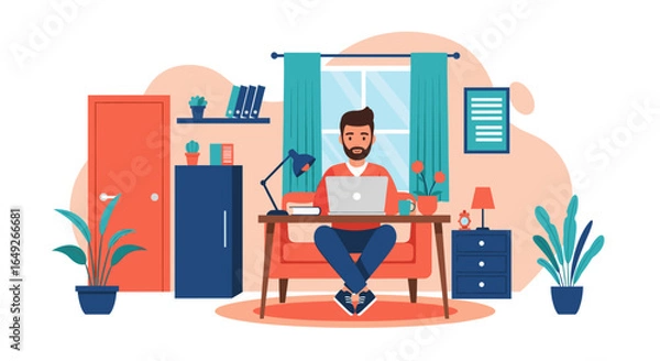 Fototapeta A bearded man comfortably works from his home office, utilizing a laptop at a desk in a modern, organized living space.