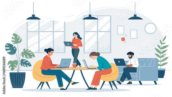 Fototapeta A diverse team of professionals collaborates efficiently in a bright, modern co-working office space, utilizing technology for productive work.