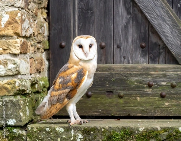 Fototapeta Barn owl perched outside a stone building