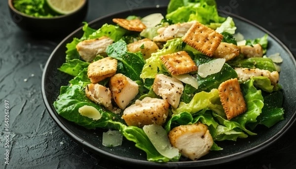 Fototapeta Classic Caesar Salad With Crackers, Romaine Lettuce, And Grilled Chicken On A Black Plate: Side View Featuring Ample Copy Space. Nutritious Dish.