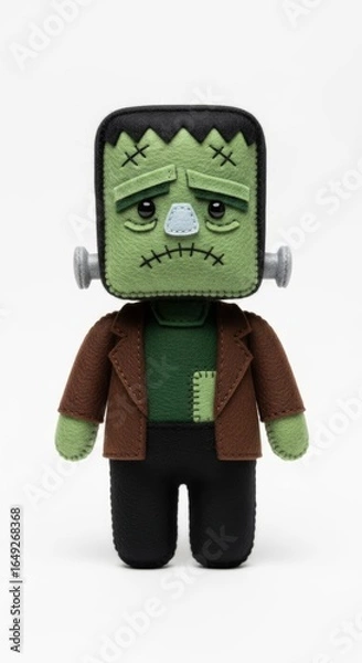 Obraz Hand-crafted felt frankenstein on a solid white background, handmade miniature