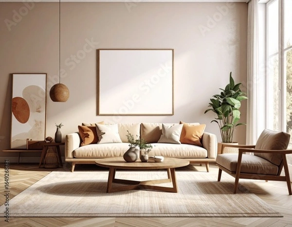 Fototapeta A bright, modern living room with a beige sofa, wooden furniture, and a large blank frame mockup on the wall.