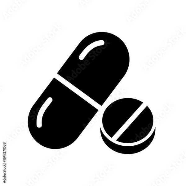 Fototapeta Black Pill and Capsule Icon – Solid Medical Drug Symbol Vector Illustration