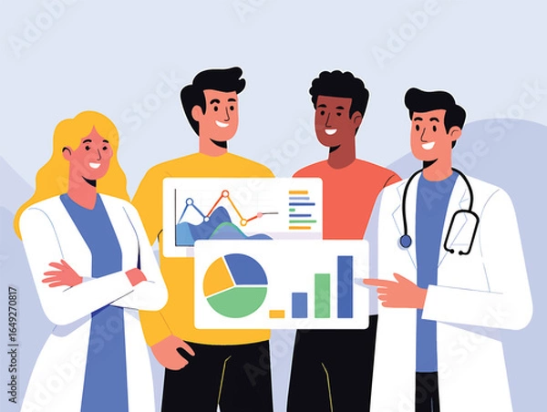 Fototapeta Diverse medical team collaborating on patient data analysis with charts and graphs. Healthcare professionals discussing statistics vector illustration.
