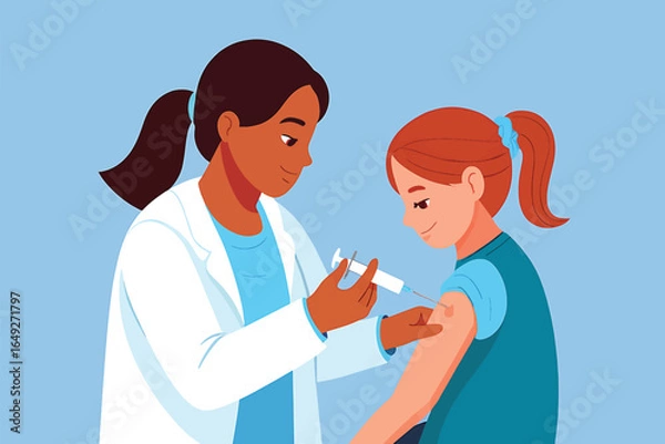 Fototapeta Vaccination Vector Illustration A Child Receives a Vaccine Shot from a Healthcare Worker