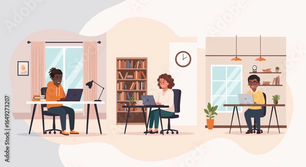 Fototapeta Diverse professionals are efficiently working on their laptops in various modern home and office environments, showcasing the flexibility of remote work.