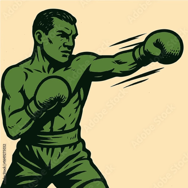 Obraz Power Punch: A determined boxer with a powerful green silhouette throws a dynamic punch, symbolizing strength and athletic prowess, showcasing focused energy in this illustration.