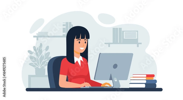 Fototapeta A smiling young woman with dark hair is diligently working on a desktop computer in a modern office or home study environment, illustrating productivity and remote work.