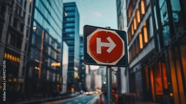 Obraz Modern road sign with arrows guides drivers toward city center.
