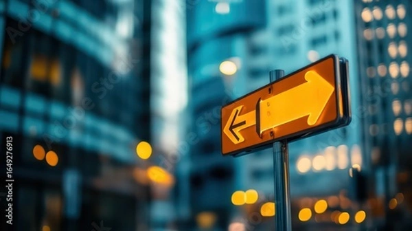 Fototapeta Modern road sign with arrows guides drivers toward city center.