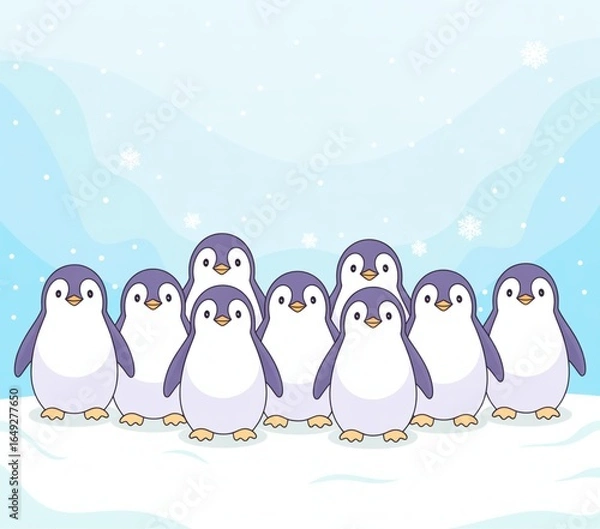 Fototapeta Cute Cartoon Penguins in Snow with Falling Snowflakes generative ai