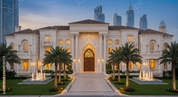 Obraz Luxury breathtaking  Dubai home exterior featuring opulent mansion with grand entrance and marble exteriors
