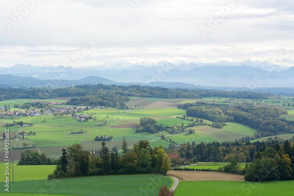 Obraz One beautiful landscape the summer day in Switzerland. Green European valley with mountains on the background with cloudy sky