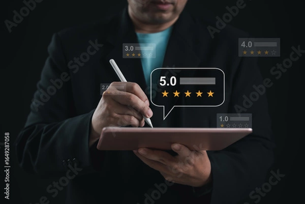 Fototapeta Customer rating review on tablet with five-star feedback, representing user satisfaction, service quality evaluation, online review system, and performance scoring in digital platforms.