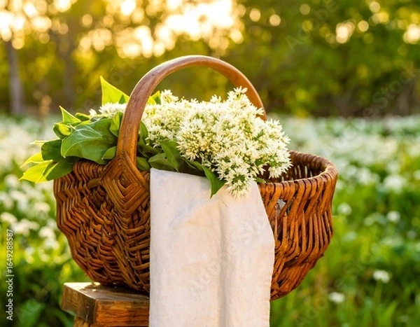 Fototapeta Basket of white flowers in a field