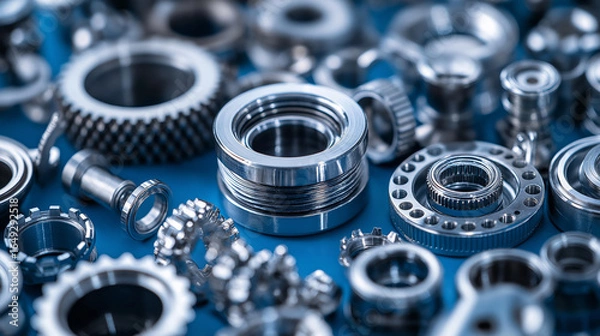 Fototapeta Collection of shiny metal gears and mechanical components is displayed blue surface, showcasing intricate details and precision engineering. metallic parts reflect light, creating dynamic