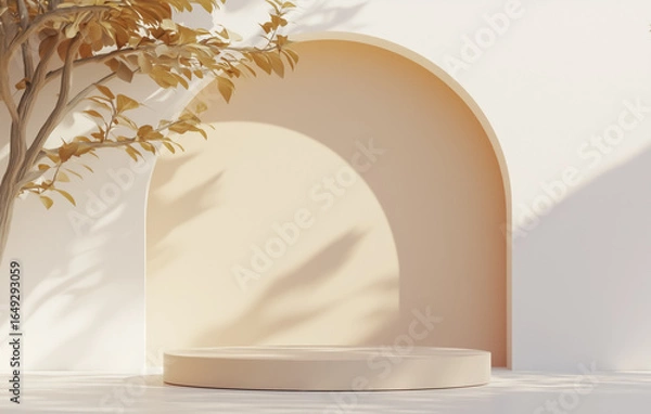 Fototapeta Simple beige podium is set against soft, curved arch with gentle shadows from nearby tree, creating serene and minimalist scene perfect for product display