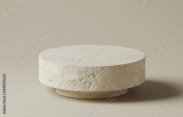 Fototapeta Simple beige podium with textured stone surface is set against neutral background, ideal for product display. minimalist design and natural material create calm and elegant atmosphere