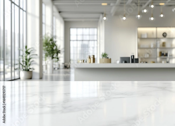Fototapeta Bright, modern office interior with marble countertop in foreground, large windows, and plants creating fresh atmosphere. blurred background includes shelves and lighting