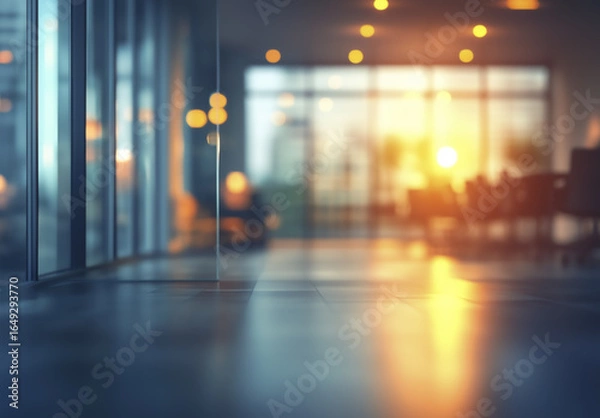 Fototapeta Blurred office interior with glass doors and warm lighting creates serene atmosphere. soft glow from lights reflects on polished floor, enhancing tranquil setting