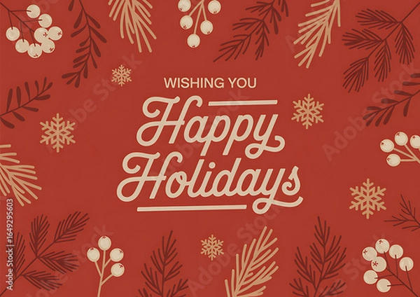 Fototapeta Elegant red background with golden festive holiday greetings and botanical elements