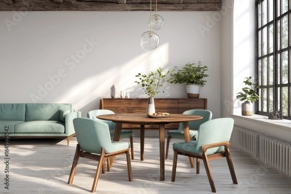 Obraz Light-filled modern dining area with a wooden round table, teal chairs, and a light-toned sofa