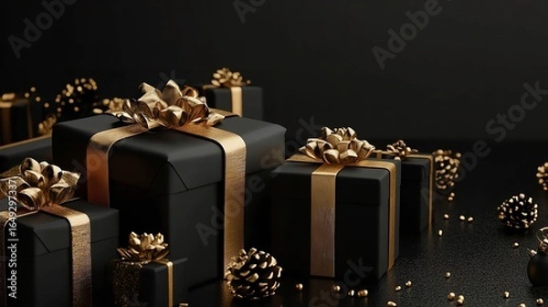 Obraz Elegant black gift boxes with gold ribbons and bows on a dark surface for a luxurious presentation