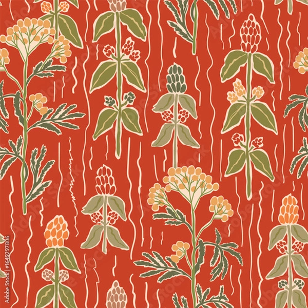 Fototapeta Red autumn striped meadow flowers seamless pattern. Artistic hand drawn vertical lines, fall wildflowers repeat background. Vector harvest garden wallpaper, organic nature, botanical textile design